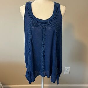 Royal blue sleeveless top with scoop neck and embroidery details